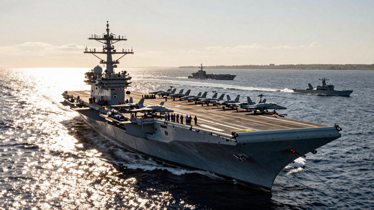 Lotniskowiec z samolotami na pokładzie płynący po otwartym morzu w świetle zachodzącego słońca.