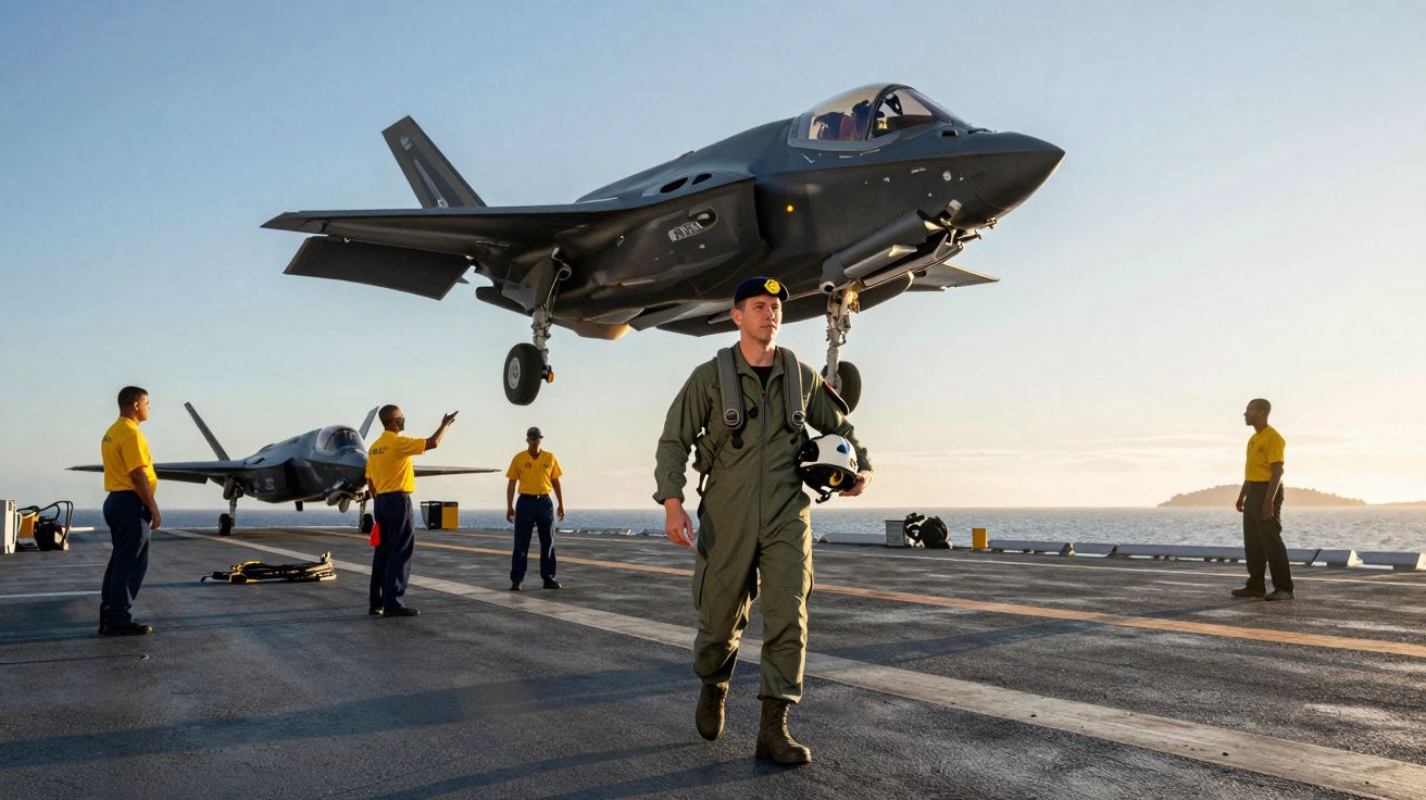 Pilota wojskowy w kombinezonie na lotniskowcu z myśliwcem F-35 w locie i personelem w żółtych koszulkach.