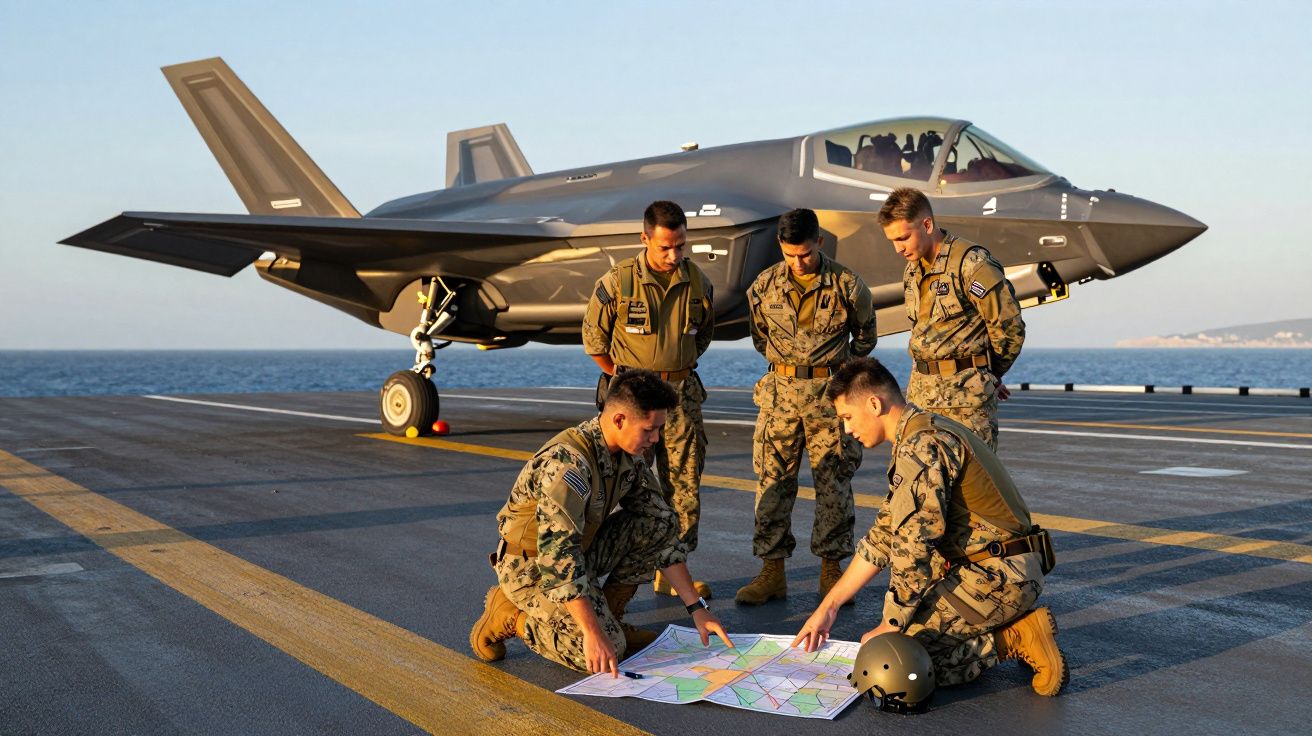 Pięciu żołnierzy w mundurach analizuje mapę na pokładzie lotniskowca obok myśliwca F-35.