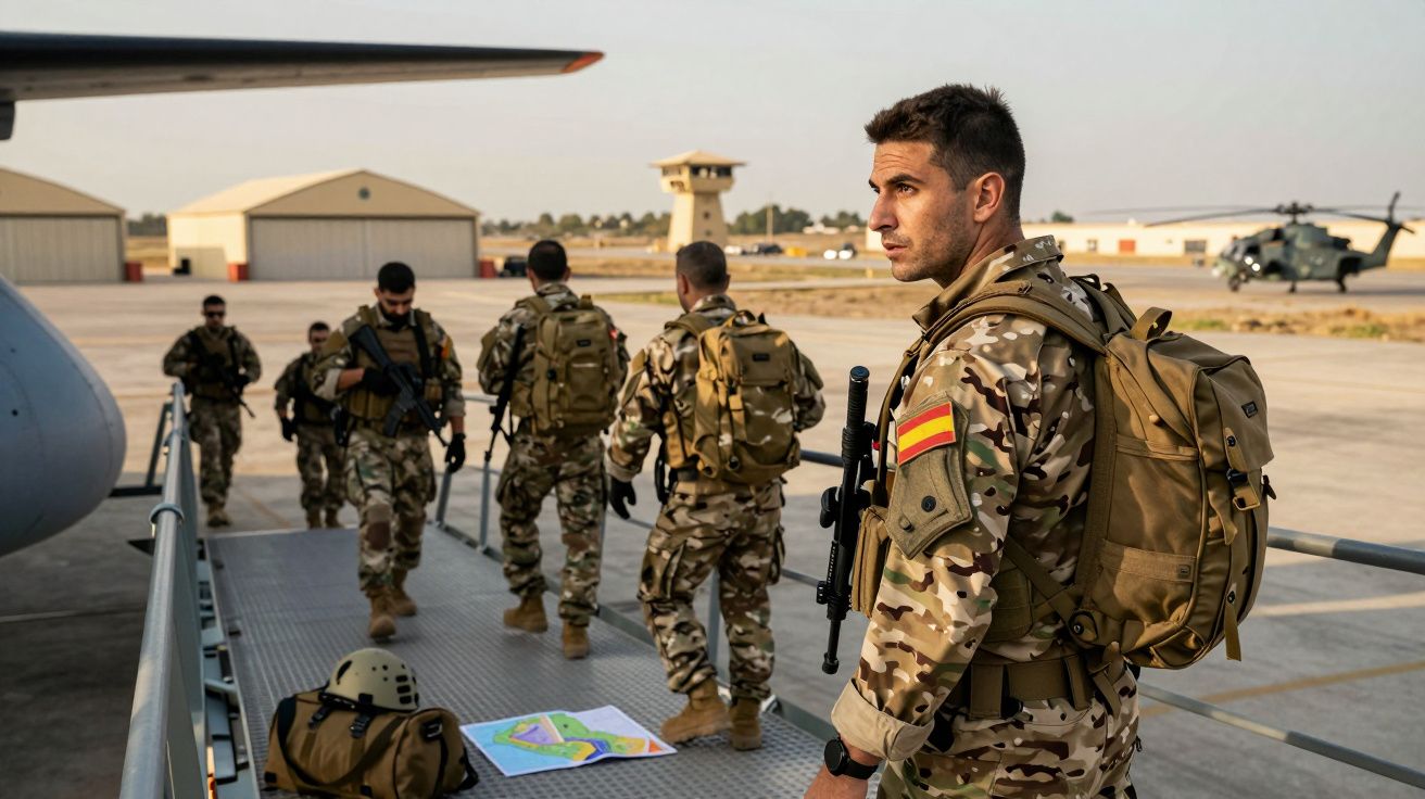 Grupa żołnierzy w kamuflażu na lotnisku wojskowym obok samolotu i helikoptera.