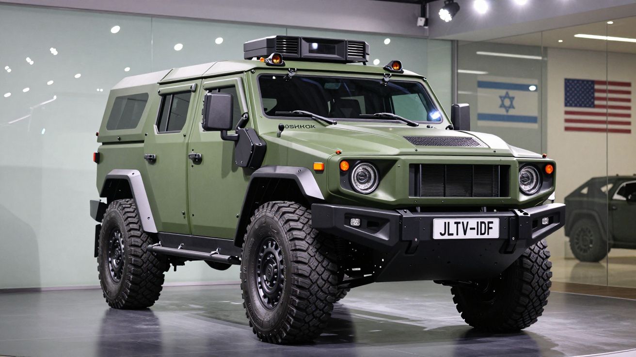 Zielony wojskowy pojazd terenowy z dużymi oponami na wystawie w hali.