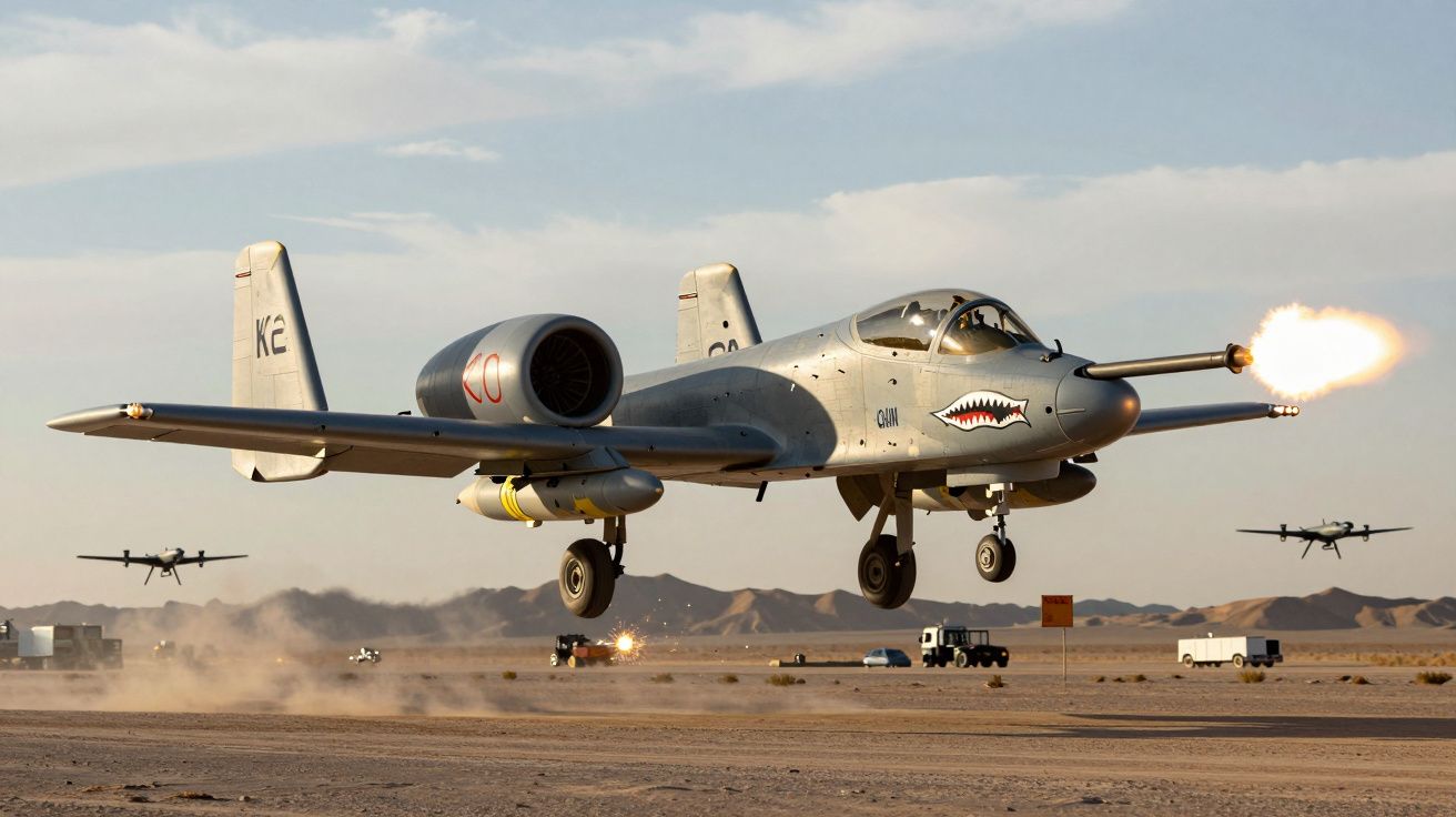 Samolot szturmowy A-10 Thunderbolt II strzela podczas lotu nad pustynią, dwa inne samoloty w tle.