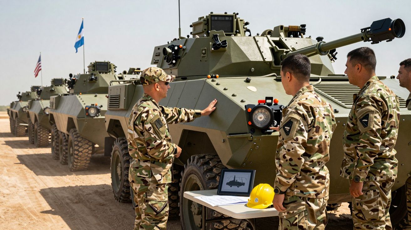 Żołnierze przy wojskowych pojazdach opancerzonych podczas szkolenia na poligonie.