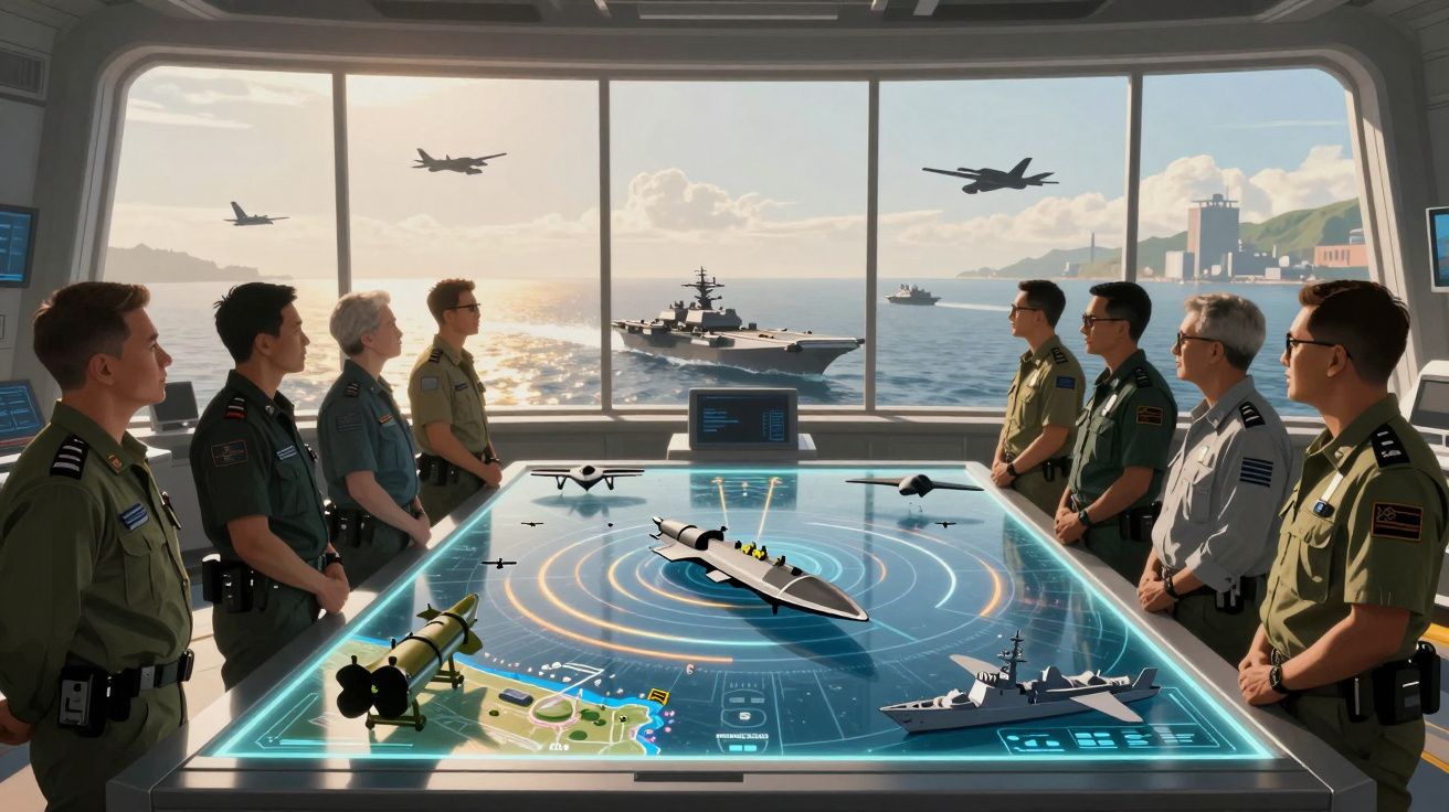 Grupa wojskowych obserwuje stół taktyczny z modelami okrętów i samolotów w sali dowodzenia nad morzem.