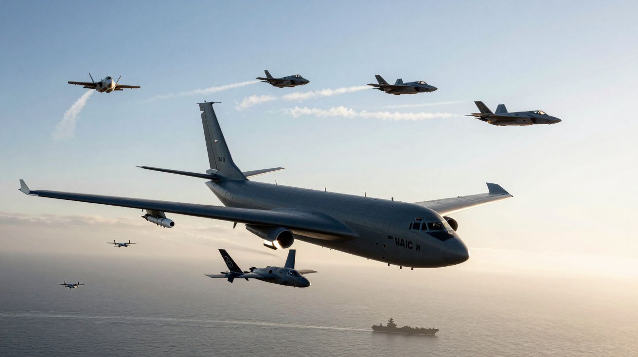 Sześć samolotów bojowych i jeden duży samolot transportowy nad morzem, w tle lotniskowiec.
