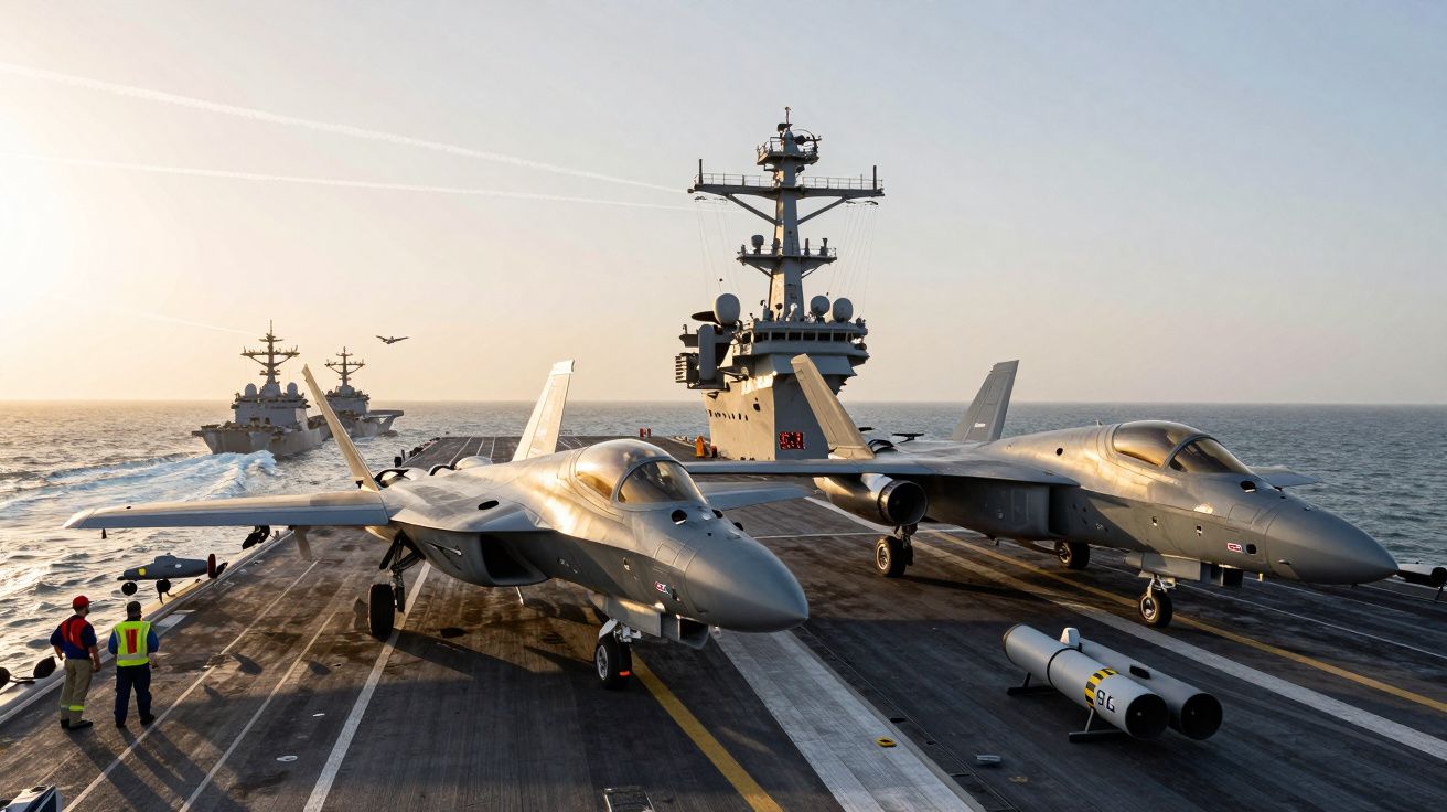 Dwa myśliwce na pokładzie lotniskowca na oceanie podczas wschodu słońca, obok dwie eskortujące jednostki.