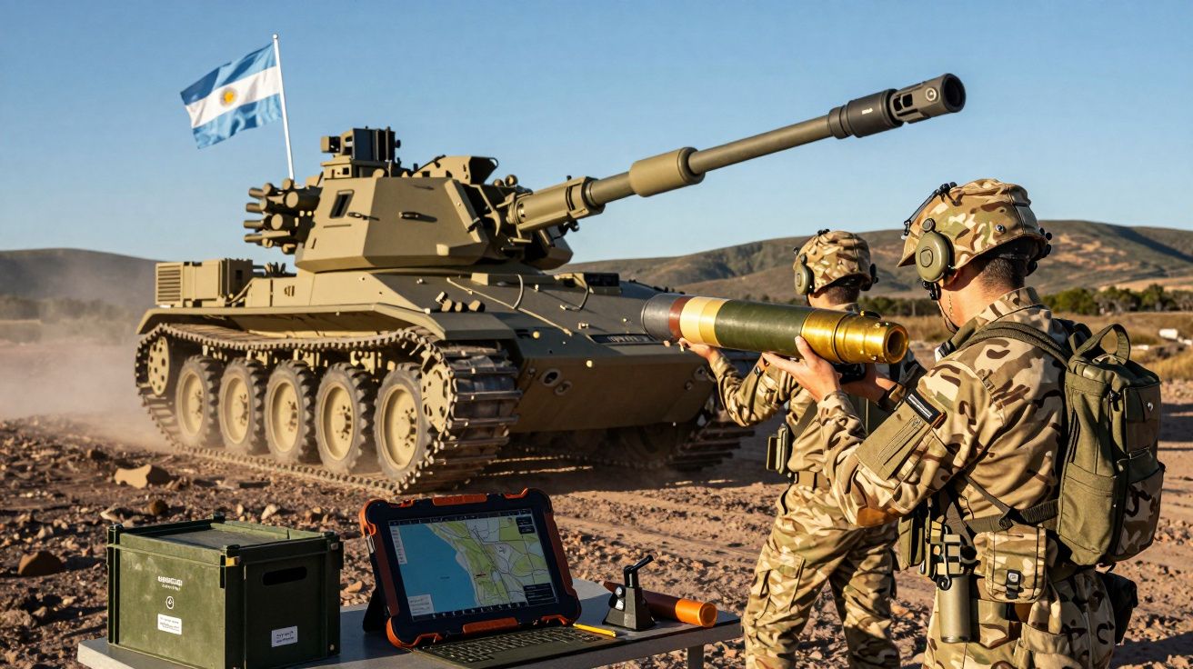 Żołnierze z pociskiem stoją obok czołgu z argentyńską flagą na pustynnym poligonie wojskowym.