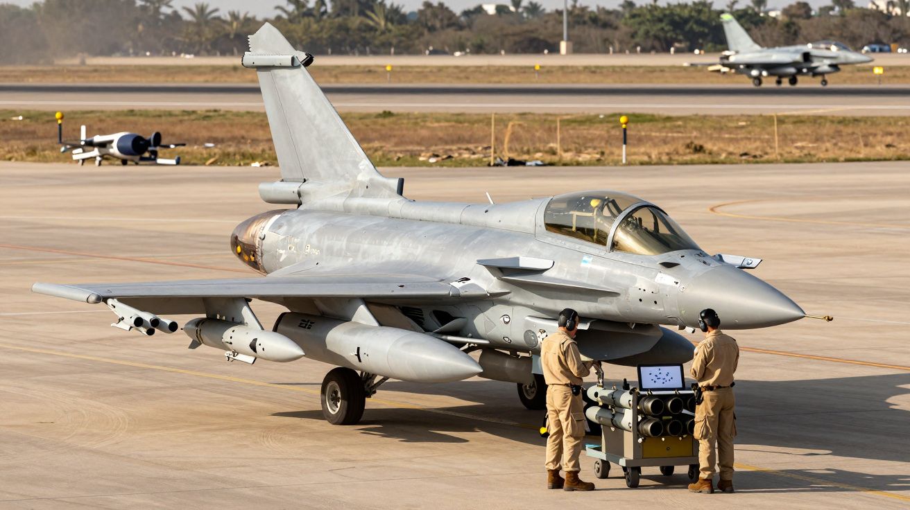 Myśliwiec wojskowy na pasie startowym z dwoma żołnierzami i wózkiem z wyposażeniem.