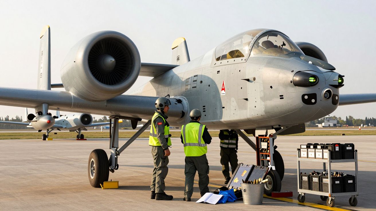 Samolot wojskowy A-10 na lotnisku, obok trzech żołnierzy i sprzęt techniczny.