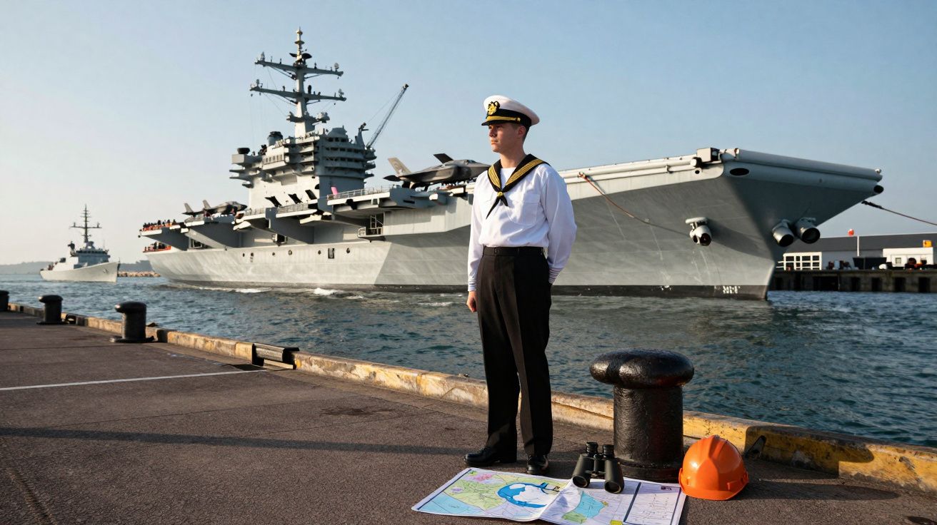 Marynarz stoi na nabrzeżu przy lotniskowcu, na ziemi leżą mapa, lornetka i pomarańczowy kask.