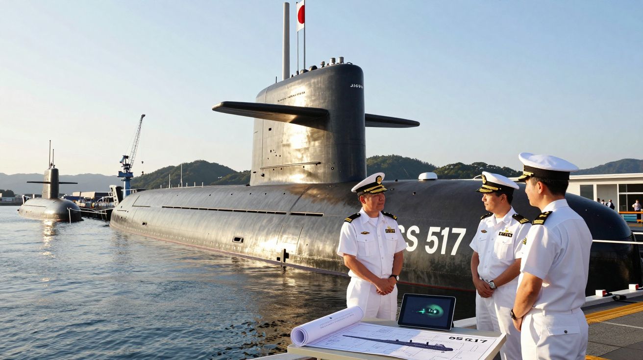 Trzech marynarzy obok japońskiej łodzi podwodnej JS Sōryū SS-517 zacumowanej w porcie.