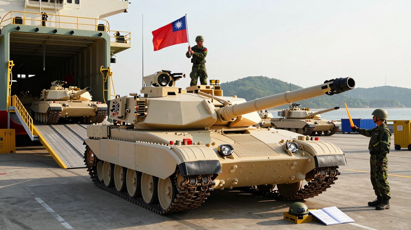 Żołnierz na czołgu z flagą Tajwanu na rampie statku, drugi żołnierz kieruje ruchem czołgów.