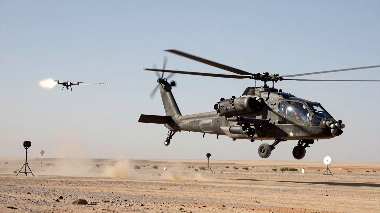 Bezzałogowy dron wypuszczający pocisk w stronę wojskowego helikoptera na pustynnym polu.