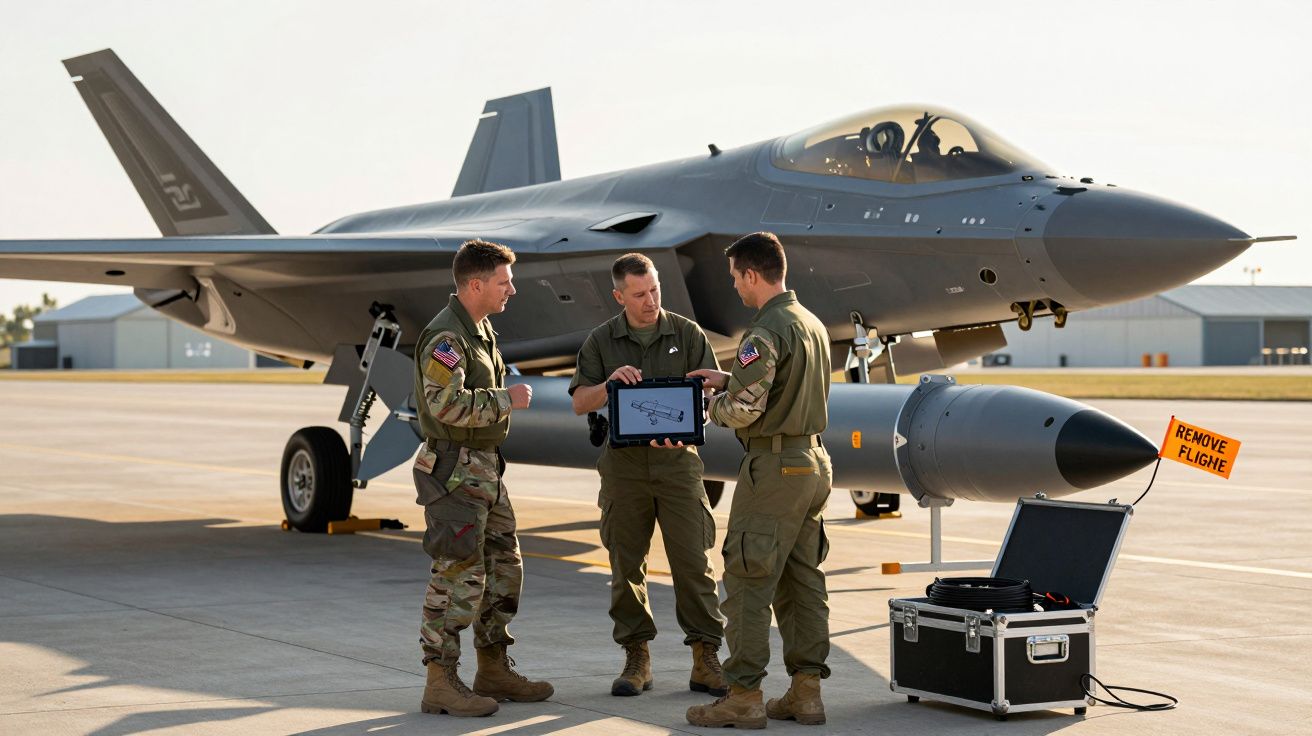 Trzech żołnierzy omawia plan misji przy nowoczesnym myśliwcu na lotnisku wojskowym.