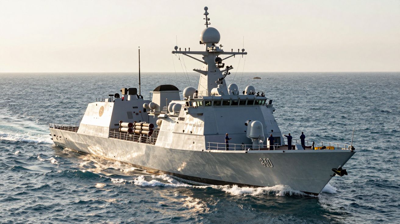 Okręt wojenny na morzu płynący w świetle zachodzącego słońca z widocznymi członkami załogi na pokładzie.