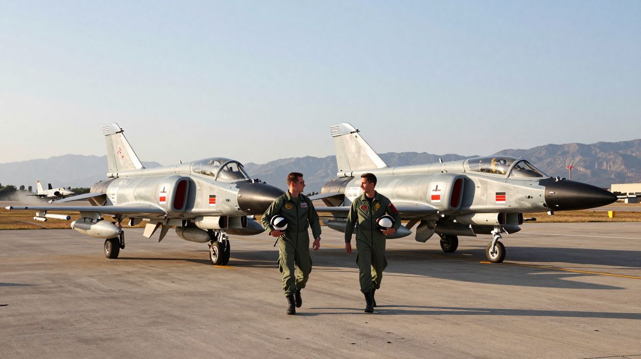 Dwóch pilotów w kombinezonach idzie obok dwóch myśliwców na pasie startowym o zachodzie słońca.