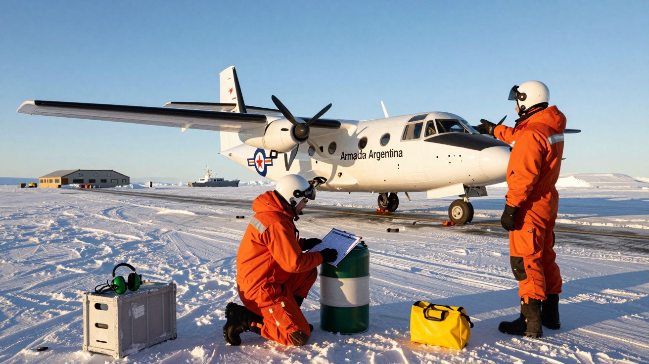Dwa osoby w pomarańczowych kombinezonach i hełmach sprawdzają samolot wojskowy naśnieżonym lotnisku.