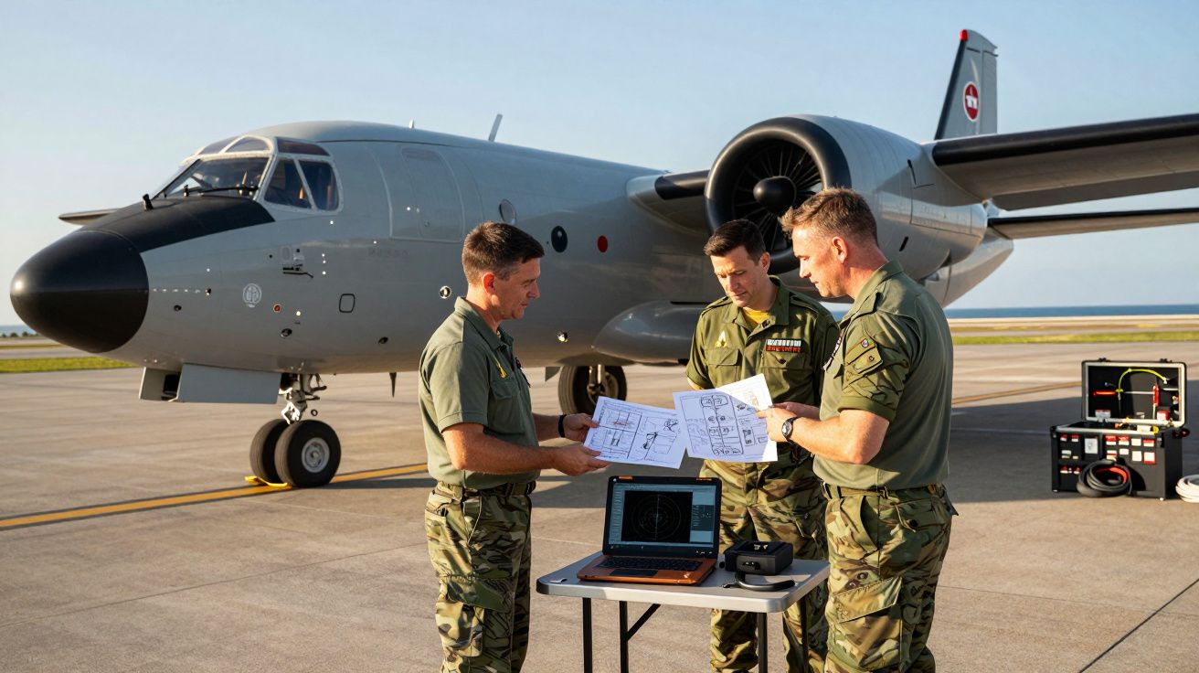 Trzech żołnierzy omawia plany obok stołu z laptopem na lotnisku przed samolotem wojskowym.