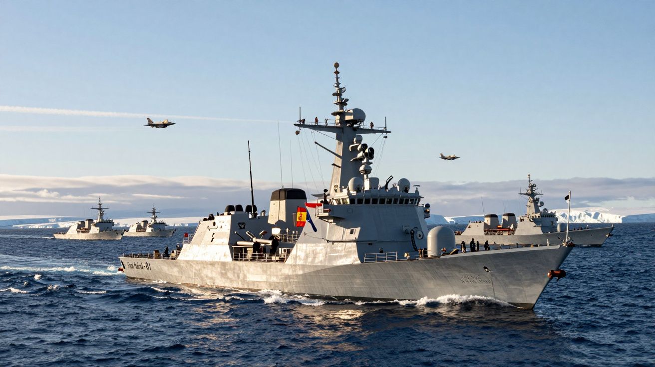 Trzy okręty wojenne na morzu z dwoma wojskowymi samolotami lecącymi nad nimi podczas słonecznego dnia.