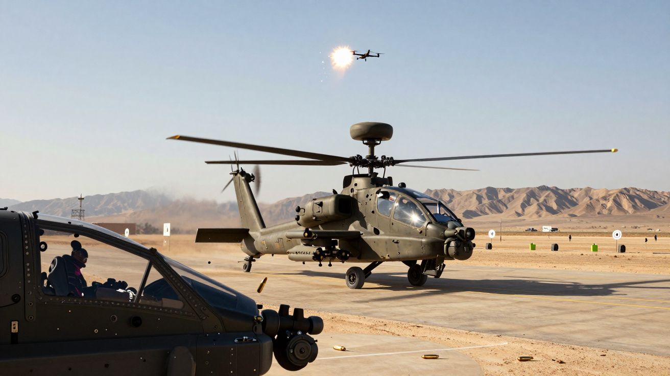 Śmigłowiec bojowy na płycie lotniska na pustynnym poligonie z wystrzałem drona w tle.