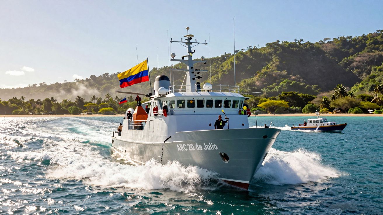 Okret wojskowy ARC 20 de Julio płynący po morzu z kolumbijską flagą w tle zielone wzgórza.
