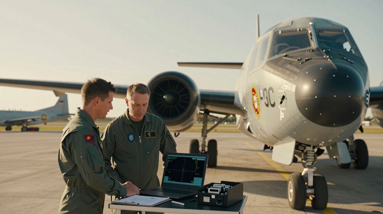 Dwaj piloci w mundurach stoją przy stole z laptopem przed wojskowym samolotem na płycie lotniska.