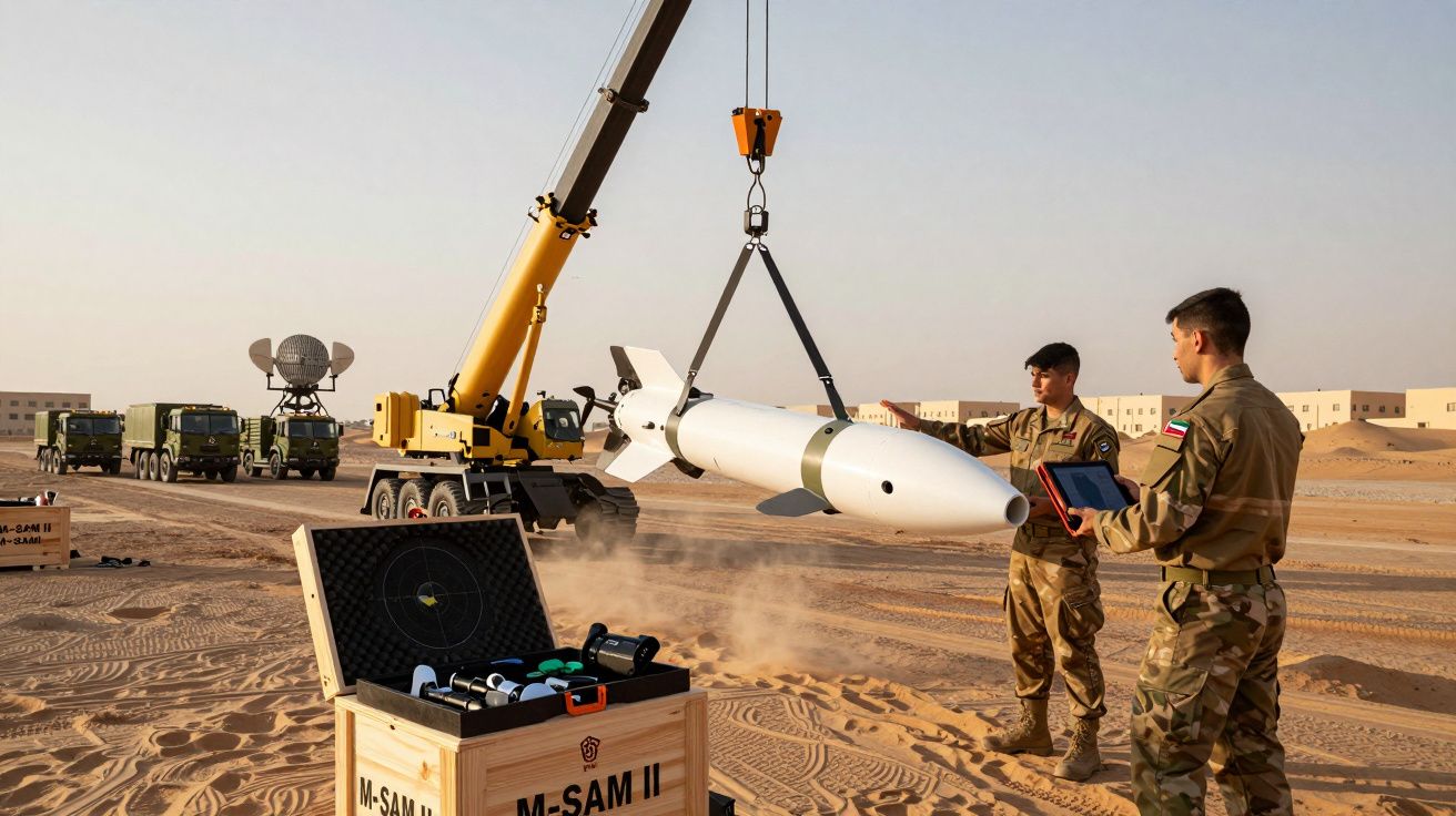 Dwie osoby w mundurach nadzorują podnoszenie pocisku rakietowego żurawiem na pustynnej polanie.