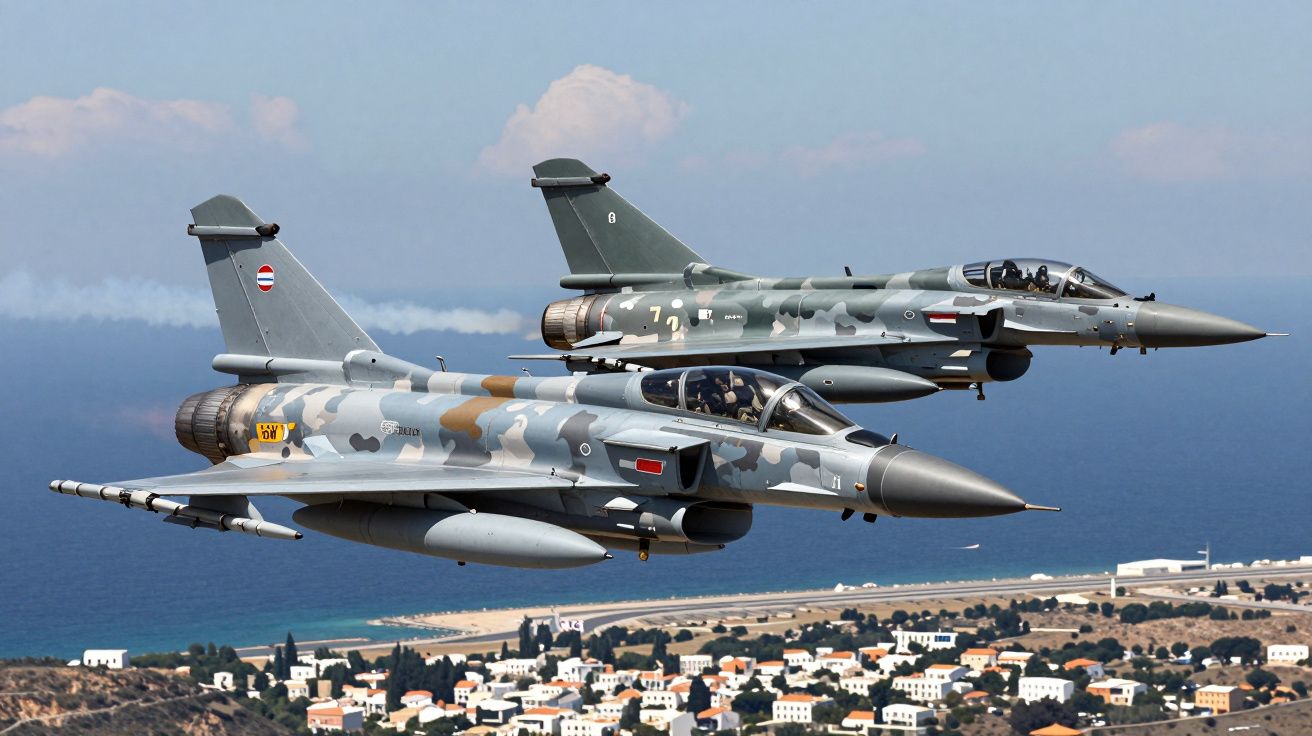 Dwa myśliwce wojskowe w kamuflażu szybujące nad wybrzeżem i zabudowaniami miasta.