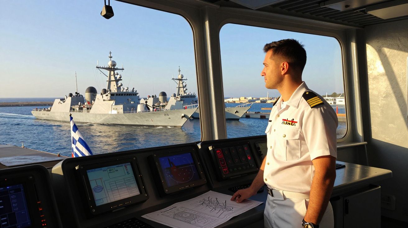 Oficer marynarki na mostku okrętu obserwujący dwa wojskowe niszczyciele w porcie.