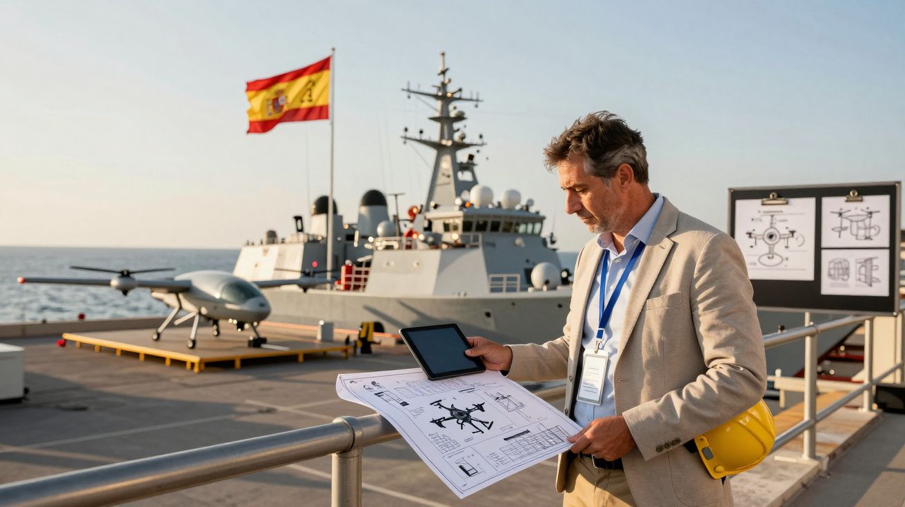Mężczyzna z planami drona na pokładzie okrętu wojskowego hiszpańskiego z dronem i flagą w tle.