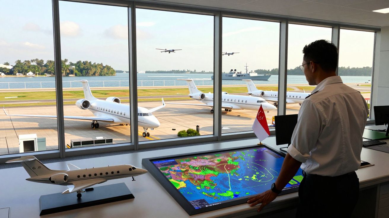 Kontroler lotów w terminalu lotniska obserwujący samoloty na płycie i ekran z mapą meteorologiczną.