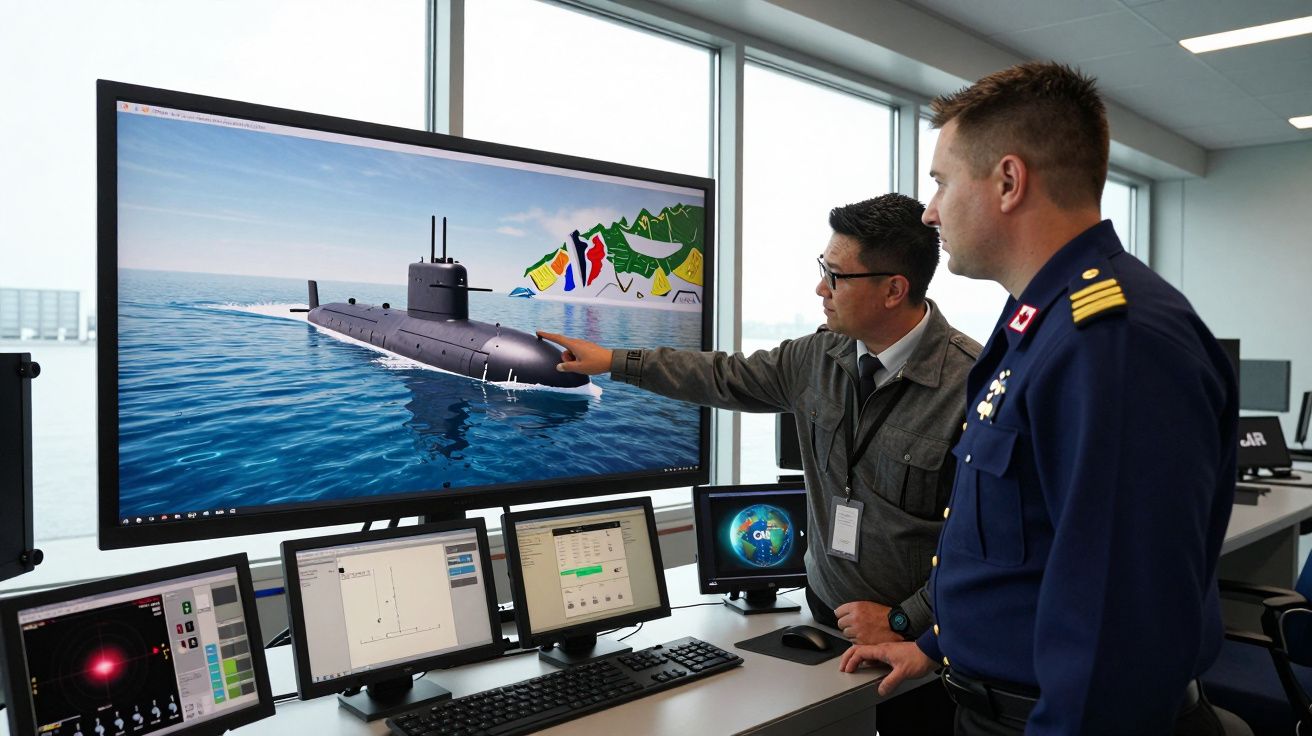 Dwóch mężczyzn analizuje na ekranie komputerowym wizualizację okrętu podwodnego na morzu.