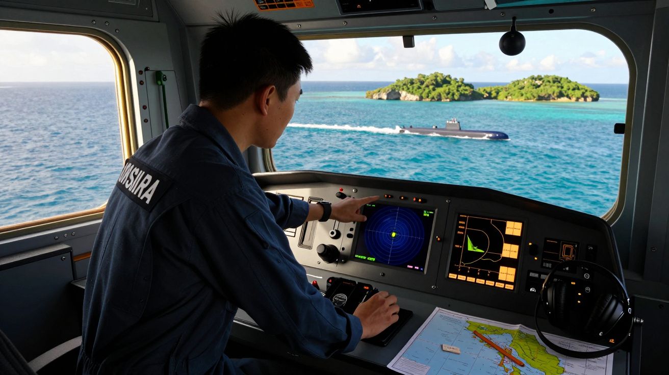 Mężczyzna w mundurze steruje statkiem, na ekranie radar, w tle ocean i wyspa z widoczną łodzią podwodną.