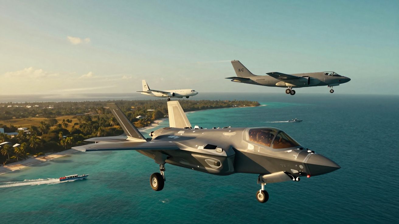 Trzy wojskowe samoloty nad turkusowym morzem i wybrzeżem z zielonymi drzewami.