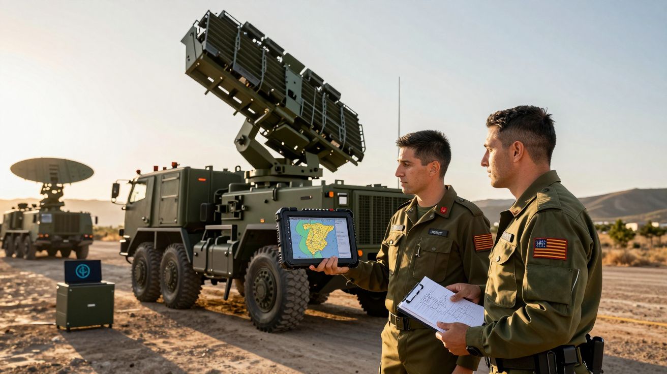 Dwóch żołnierzy przy wojskowym sprzęcie radarowym na pustyni, jeden trzyma tablet z mapą Hiszpanii.