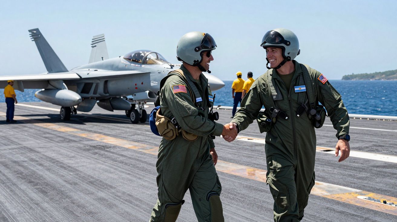 Dwaj piloci w kombinezonach wojskowych ściskają sobie dłonie na pokładzie lotniskowca obok myśliwca.