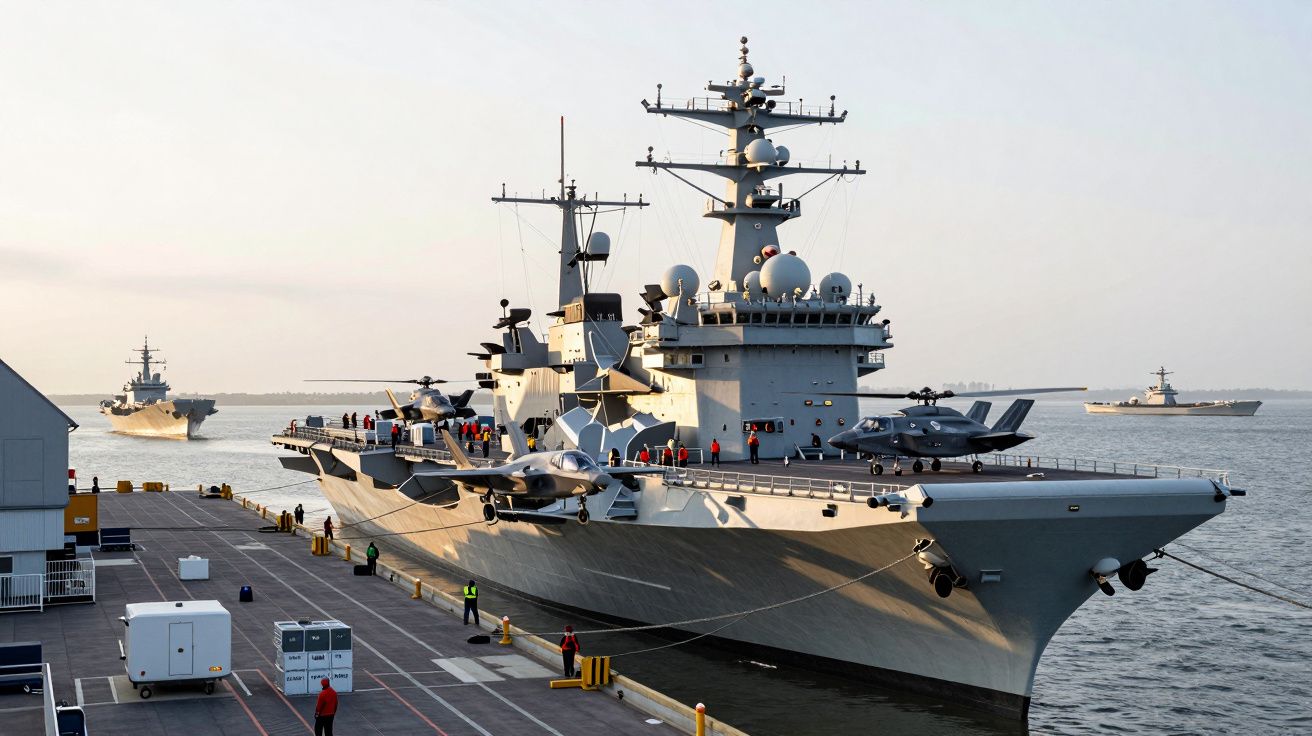 Lotniskowiec zacumowany w porcie z samolotami na pokładzie i personelem na lotniskowcu oraz okręty wojenne w tle