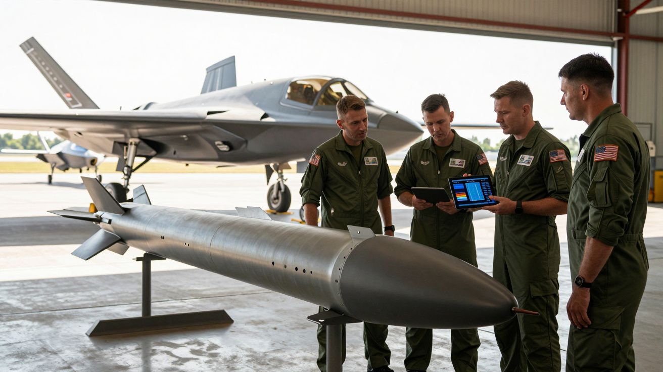 Czterech żołnierzy w mundurach analizuje dane na tabletach obok dużej rakiety, w tle myśliwiec w hangarze.