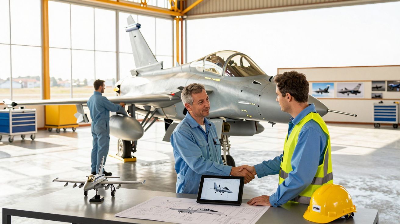 Dwaj inżynierowie ściskają dłonie przy modelu samolotu i planach w hangarze z myśliwcem w tle.