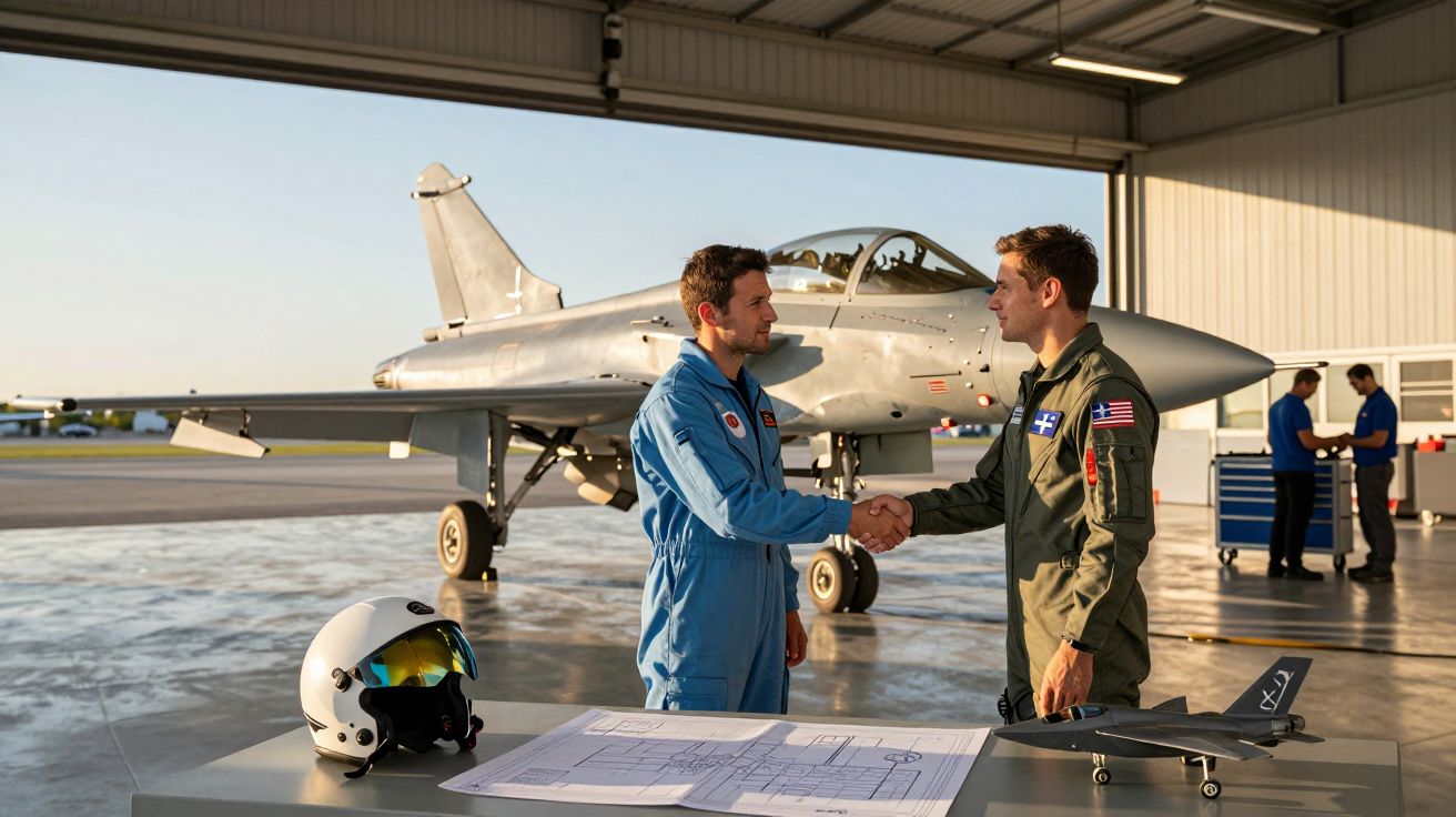 Dwaj piloci w kombinezonach ściskają ręce przy samolocie myśliwskim na lotnisku, na stole hełm, plany i model samolotu.