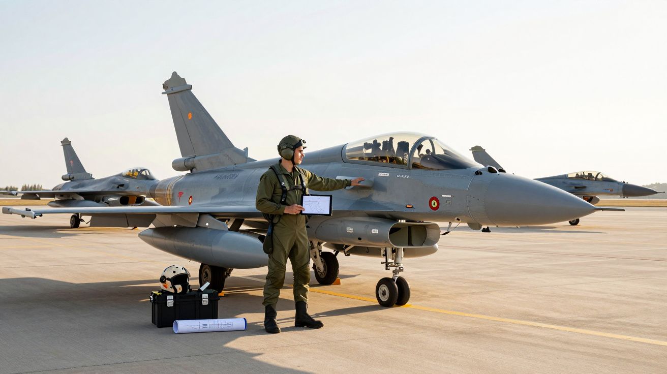 Pilot w kombinezonie stojący obok szarego samolotu wojskowego na pasie startowym przy słonecznej pogodzie.