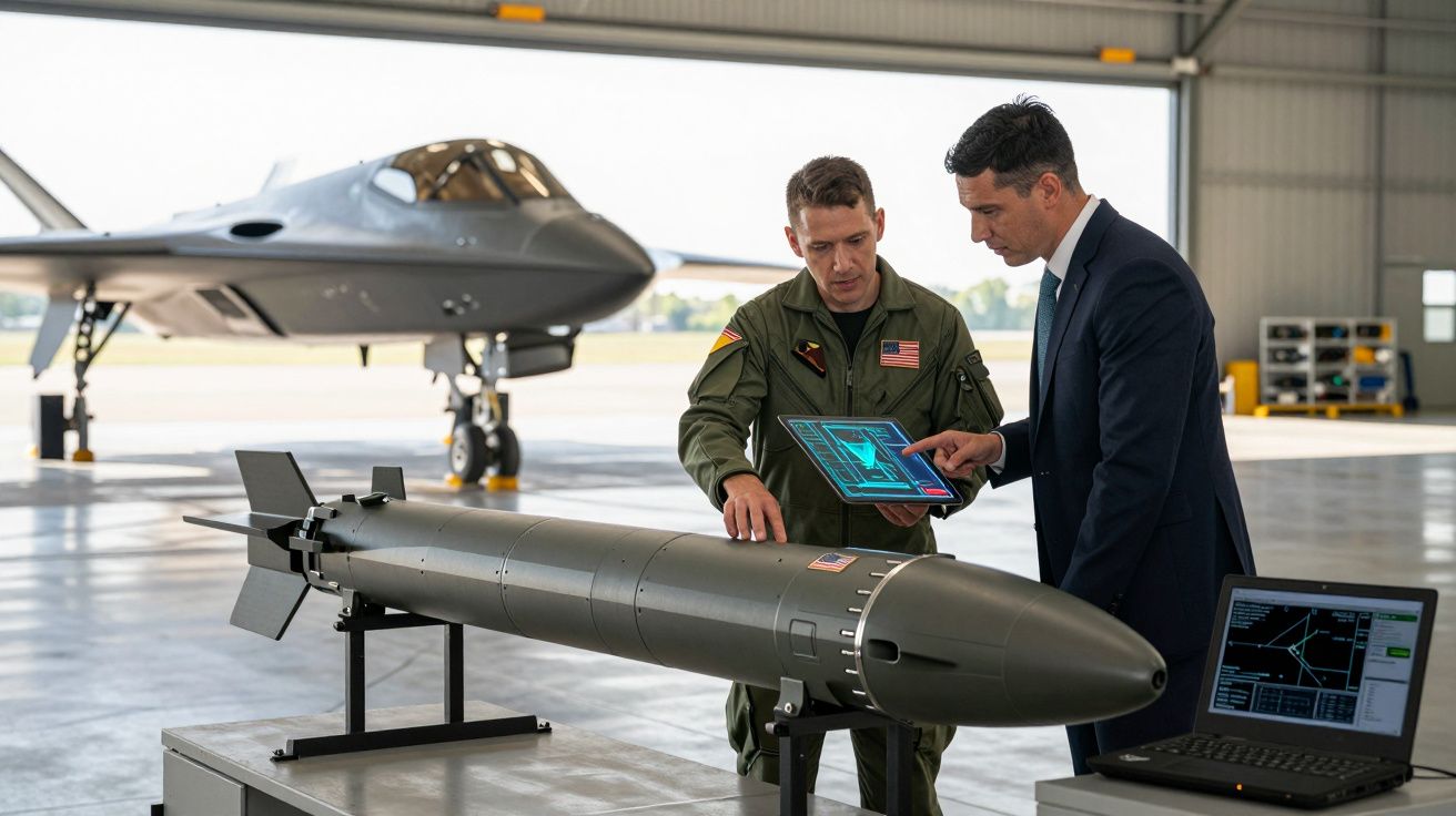 Dwaj mężczyźni analizują dane przy modelu pocisku w hangarze z samolotem wojskowym w tle.