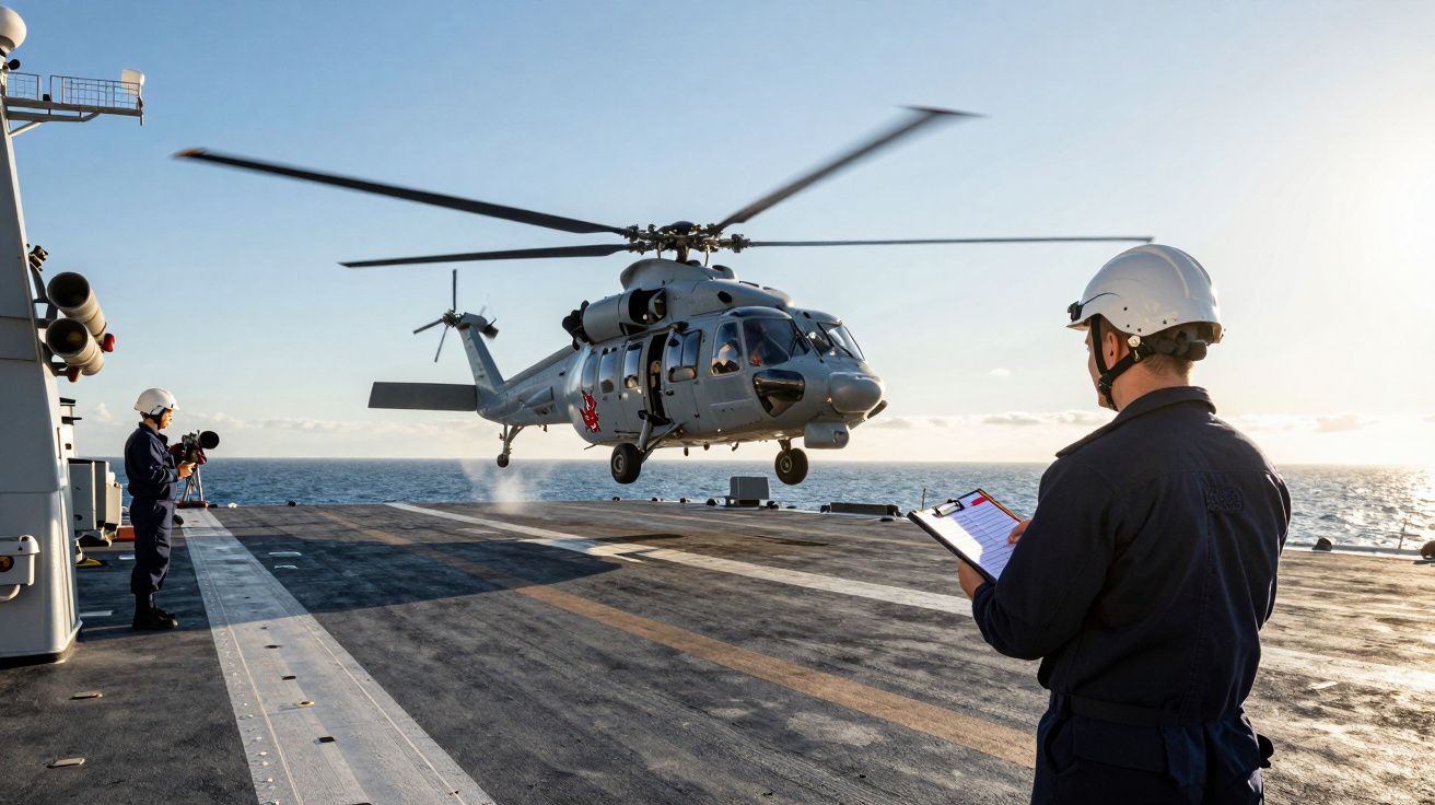 Śmigłowiec wojskowy lądujący na pokładzie okrętu, dwóch marynarzy obserwuje operację.