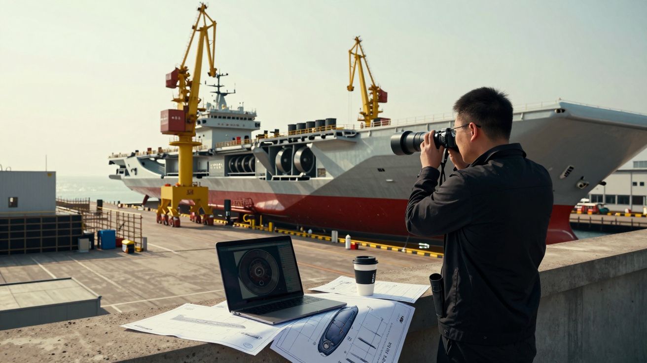 Mężczyzna robi zdjęcia statkowi w porcie, na barierce laptop, schematy techniczne i kubek kawy.