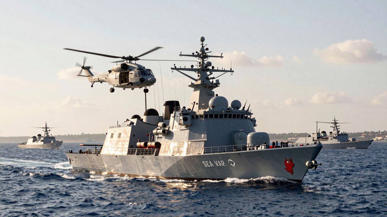 Marynarka wojenna, okręt wojenny na morzu, śmigłowiec podwieszony nad pokładem.