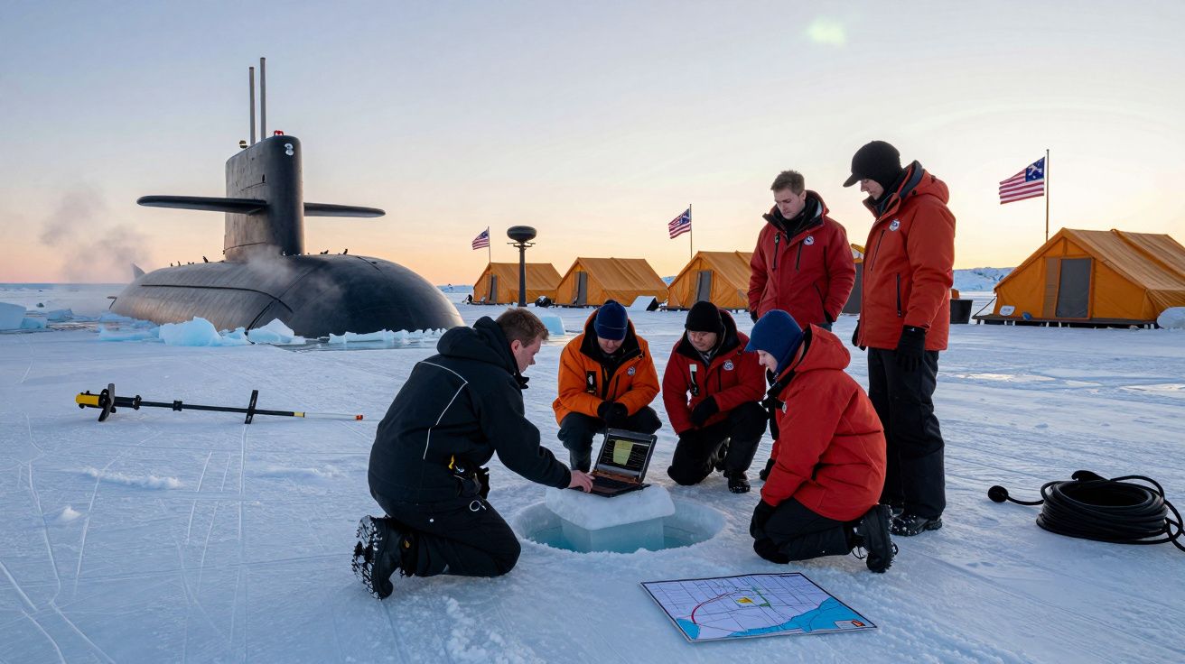 Grupa ludzi w zimowej odzieży korzysta z laptopa na lodzie obok łodzi podwodnej i namiotów z flagami USA.
