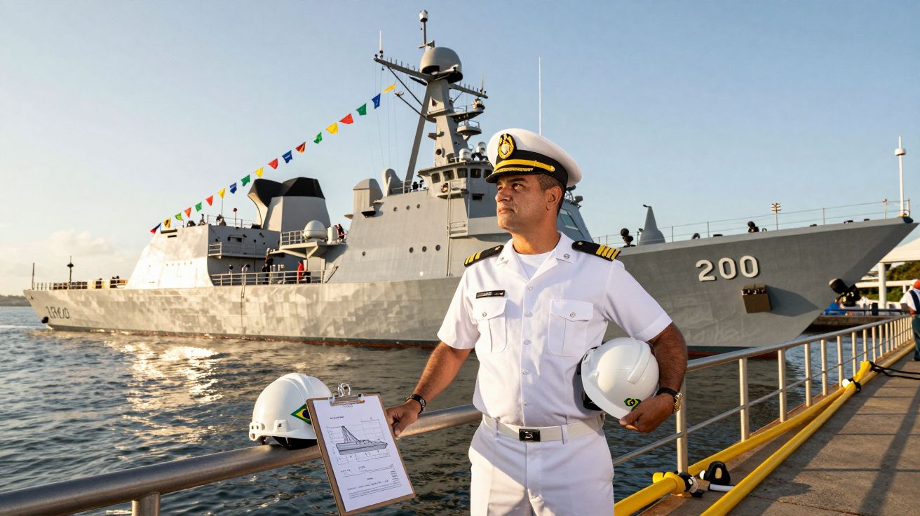 Oficer marynarki w białym mundurze stoi na nabrzeżu przed nowoczesnym okrętem wojennym oznaczonym numerem 200.