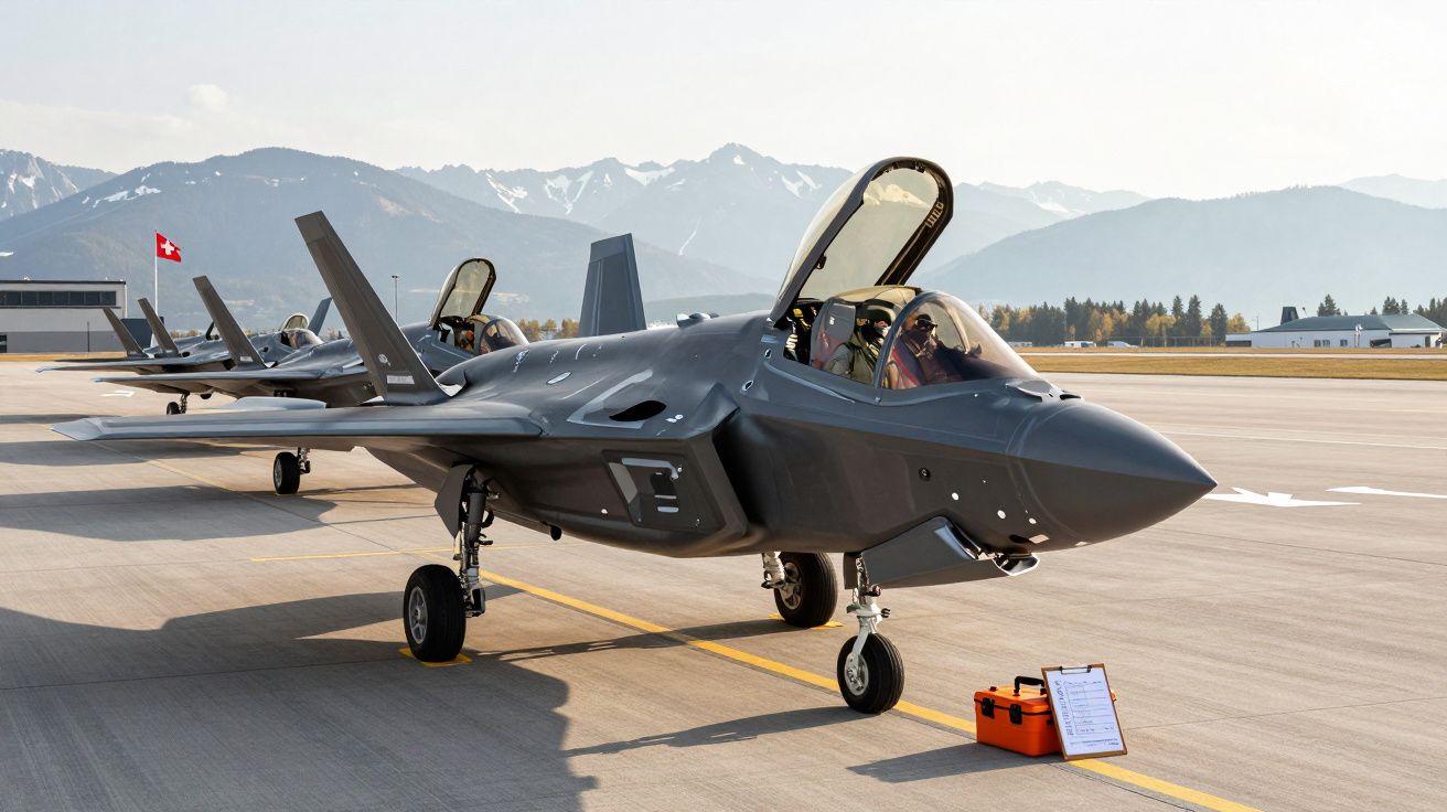 Wojskowe myśliwce na lotnisku wojskowym, otwarte kokpity, w tle góry z lekkim śniegiem.