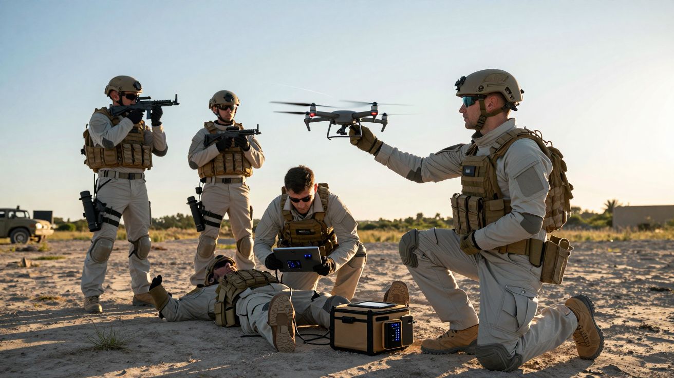 Grupa żołnierzy w mundurach taktycznych podczas testów drona na pustynnym terenie.