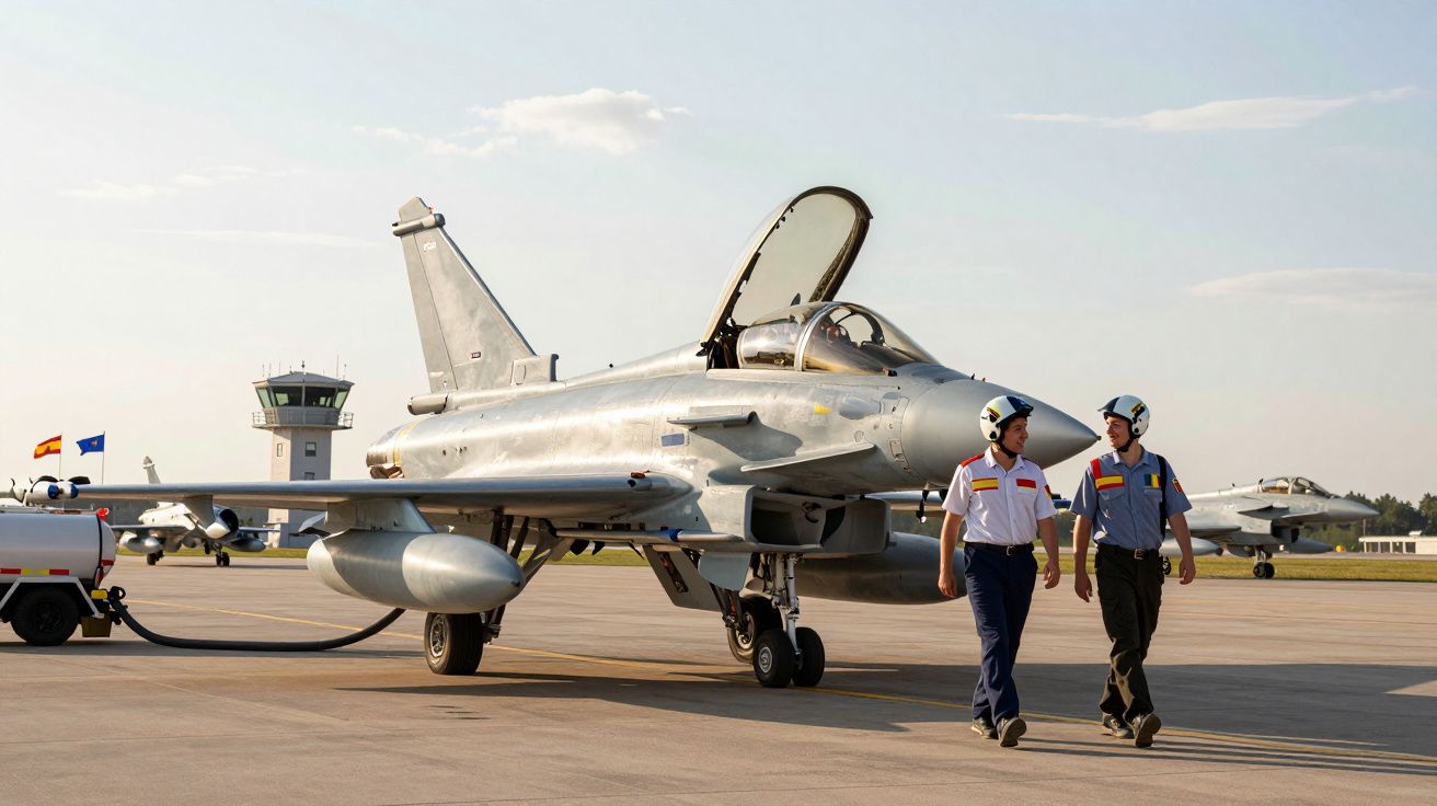 Myśliwiec Eurofighter Typhoon na pasie startowym z dwoma pilotami w hełmach rozmawiającymi obok samolotu.